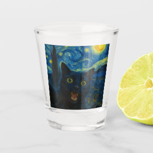 Black Cat Starry Night Van Gogh Cat Selfie Shot Glass