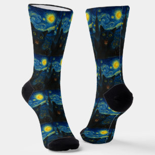 Black Cat Starry Night Van Gogh Cat Selfie  Socks