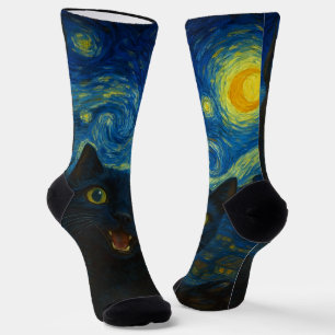 Black Cat Starry Night Van Gogh Cat Selfie Socks