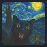 Black Cat Starry Night Van Gogh Cat Selfie  Square Sticker<br><div class="desc">Unleash your inner art lover and feline fanatic with this Black Cat Starry Night Van Gogh Cat Selfie Cat Mum Cat Lover T-Shirt. Featuring a cool black cat snapping a selfie against a swirling Van Gogh-inspired night sky, this tee combines iconic art with quirky modern humour. Whether you're a cat...</div>