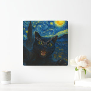 Black Cat Starry Night Van Gogh Cat Selfie  Square Wall Clock