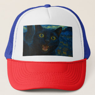 Black Cat Starry Night Van Gogh Cat Selfie Trucker Hat