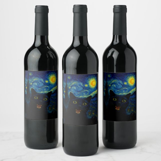 Black Cat Starry Night Van Gogh Cat Selfie  Wine Label (Bottles)