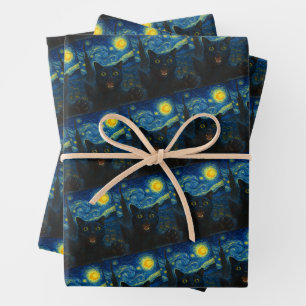 Black Cat Starry Night Van Gogh Cat Selfie Wrapping Paper Sheet