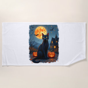 Black Cat Starry Night Van Gogh Pumpkins Bats Hall Beach Towel