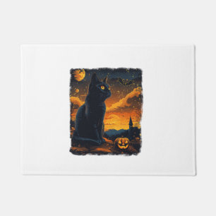 Black Cat Starry Night Van Gogh Pumpkins Bats Hall Doormat