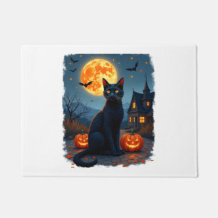 Black Cat Starry Night Van Gogh Pumpkins Bats Hall Doormat