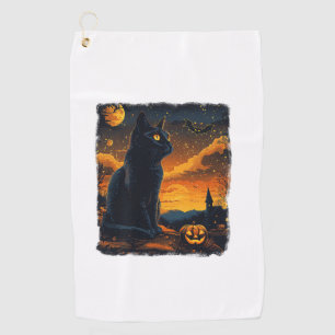 Black Cat Starry Night Van Gogh Pumpkins Bats Hall Golf Towel