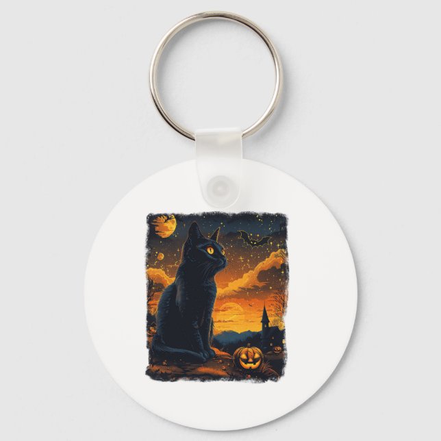 Black Cat Starry Night Van Gogh Pumpkins Bats Hall Key Ring (Front)