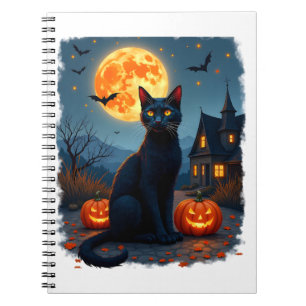 Black Cat Starry Night Van Gogh Pumpkins Bats Hall Notebook