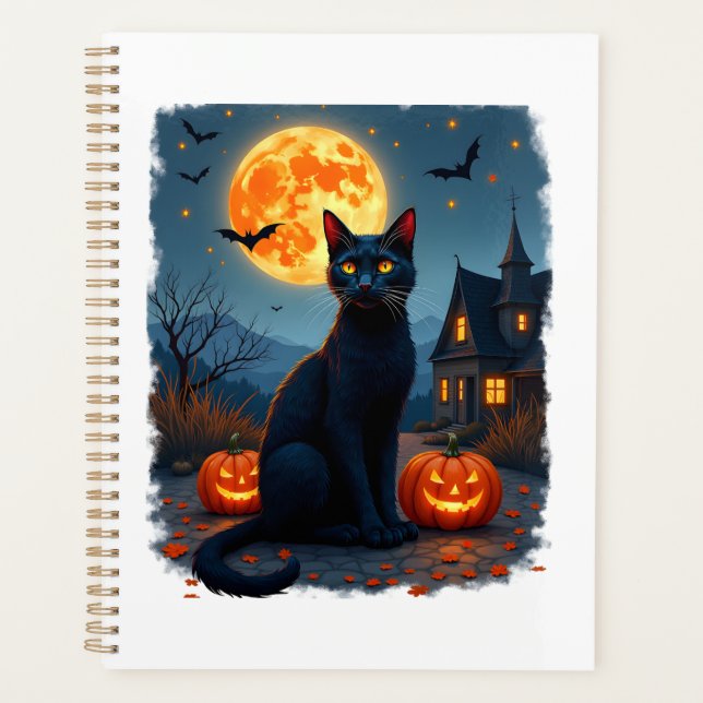 Black Cat Starry Night Van Gogh Pumpkins Bats Hall Planner (Front)