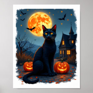 Black Cat Starry Night Van Gogh Pumpkins Bats Hall Poster