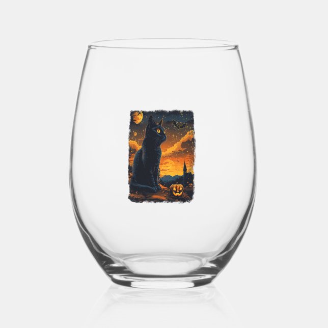 Black Cat Starry Night Van Gogh Pumpkins Bats Hall Stemless Wine Glass (Front)