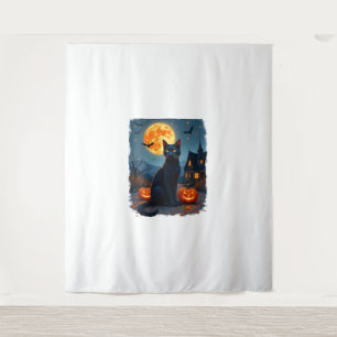 Black Cat Starry Night Van Gogh Pumpkins Bats Hall Tapestry