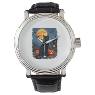 Black Cat Starry Night Van Gogh Pumpkins Bats Hall Watch