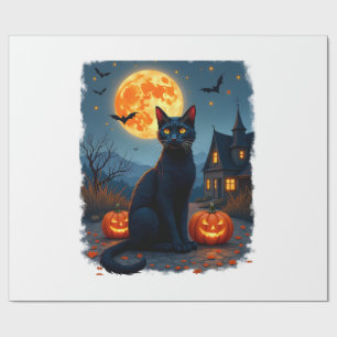 Black Cat Starry Night Van Gogh Pumpkins Bats Hall Wrapping Paper