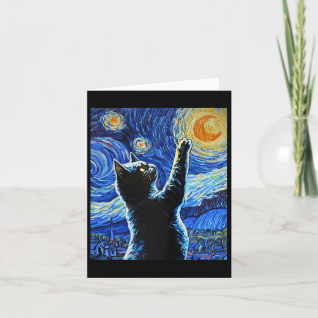 Black Cat Starry Night Vincent Van Gogh Halloween  Card (Front)