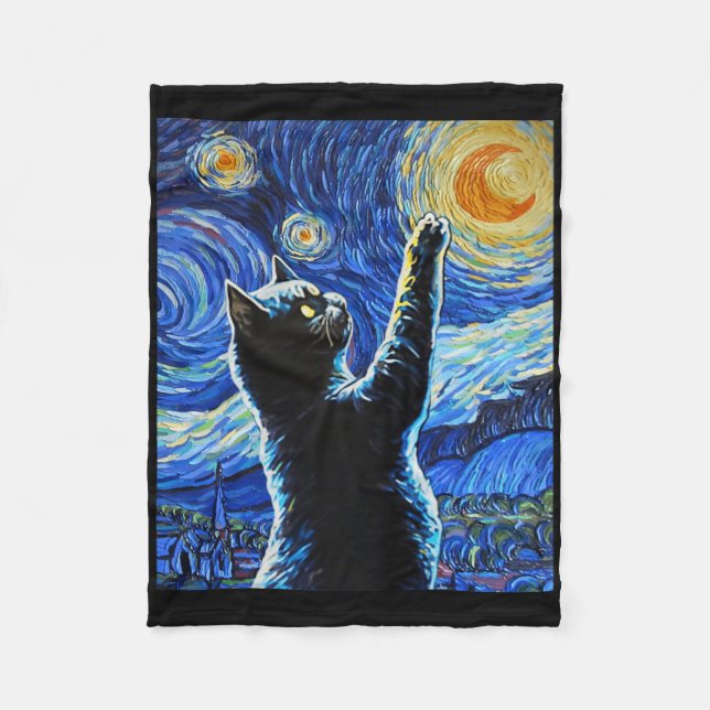 Black Cat Starry Night Vincent Van Gogh Halloween  Fleece Blanket (Front)
