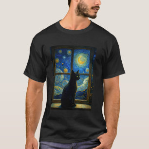 Black Cat Starry Night Window Van Gogh Art Cat Dad T-Shirt