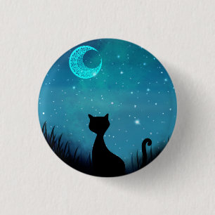 black cat starry sky crescent moon  3 cm round badge