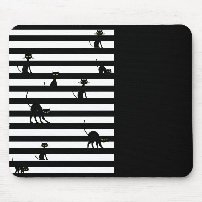 Black Cat & Stripes Color Block Black Mouse Pad (Front)