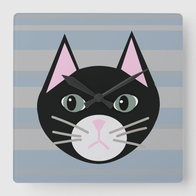 Black Cat, Stripes Square Wall Clock (Front)