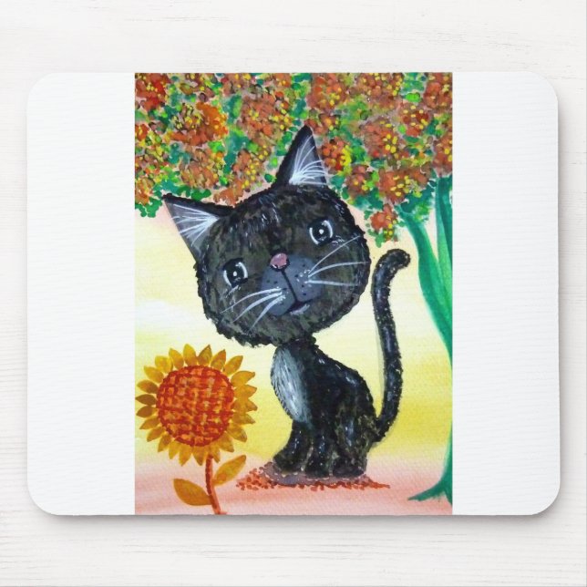 Black cat sunflower flower tree watercolor mouse pad (Front)
