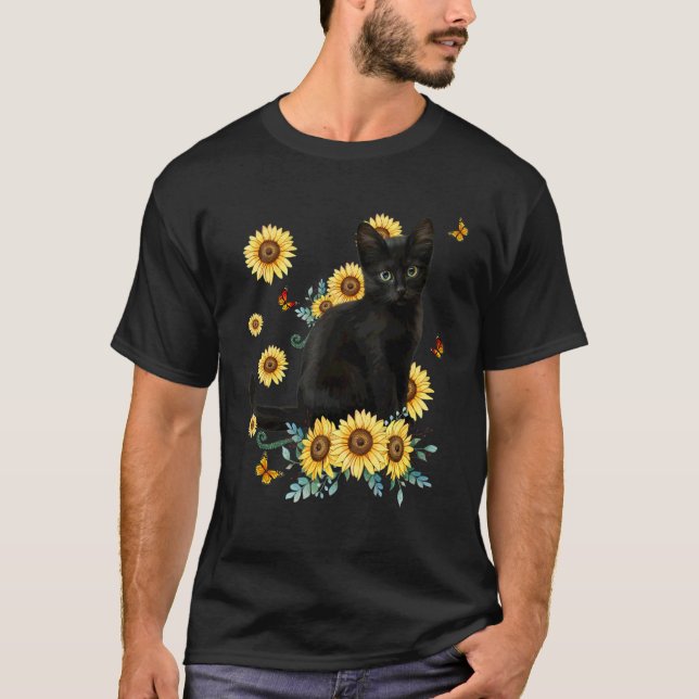 Black Cat Sunflower Sun Flower Cat Cat Sunshine T-Shirt (Front)