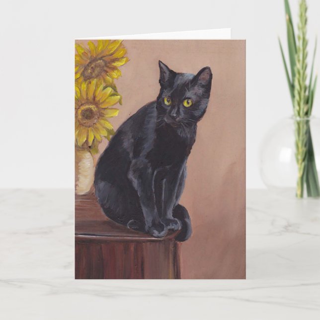 Black Cat & Sunflowers Art Greeting Card (Front)