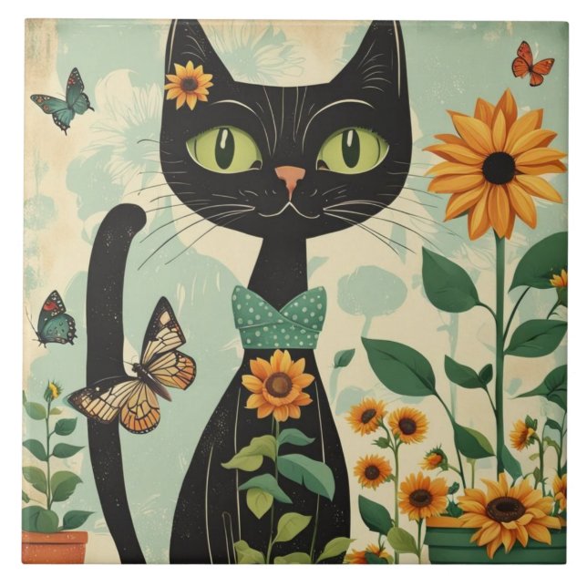 Black cat, sunflowers, butterflies, native art ceramic tile (Front)