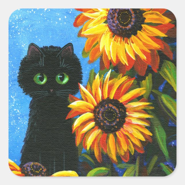 Black Cat Sunflowers Creationarts Square Sticker (Front)