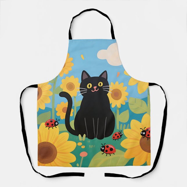 Black Cat Sunflowers Ladybugs Apron (Front)