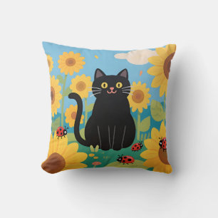 Black Cat Sunflowers Ladybugs Cushion