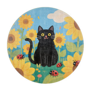 Black Cat Sunflowers Ladybugs Cutting Board
