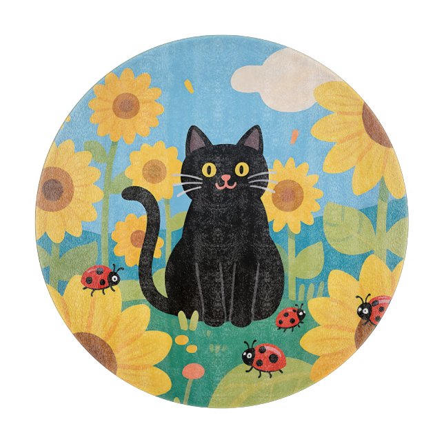 Black Cat Sunflowers Ladybugs Cutting Board (Front)