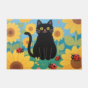 Black Cat Sunflowers Ladybugs Doormat