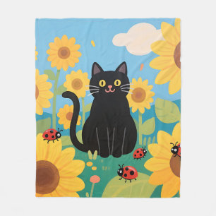 Black Cat Sunflowers Ladybugs Fleece Blanket