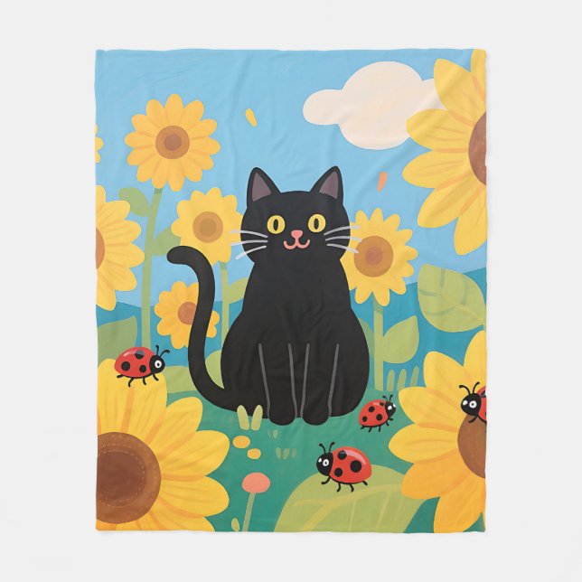 Black Cat Sunflowers Ladybugs Fleece Blanket (Front)