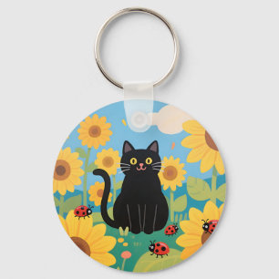 Black Cat Sunflowers Ladybugs Key Ring
