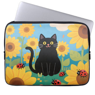 Black Cat Sunflowers Ladybugs Laptop Sleeve