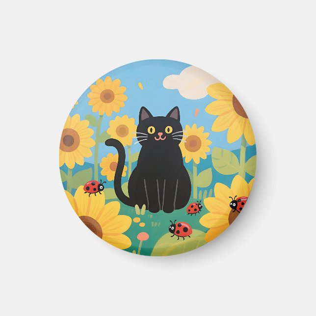 Black Cat Sunflowers Ladybugs Magnet (Front)