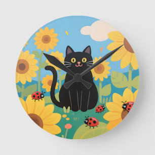 Black Cat Sunflowers Ladybugs Round Clock