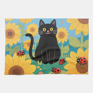 Black Cat Sunflowers Ladybugs Tea Towel