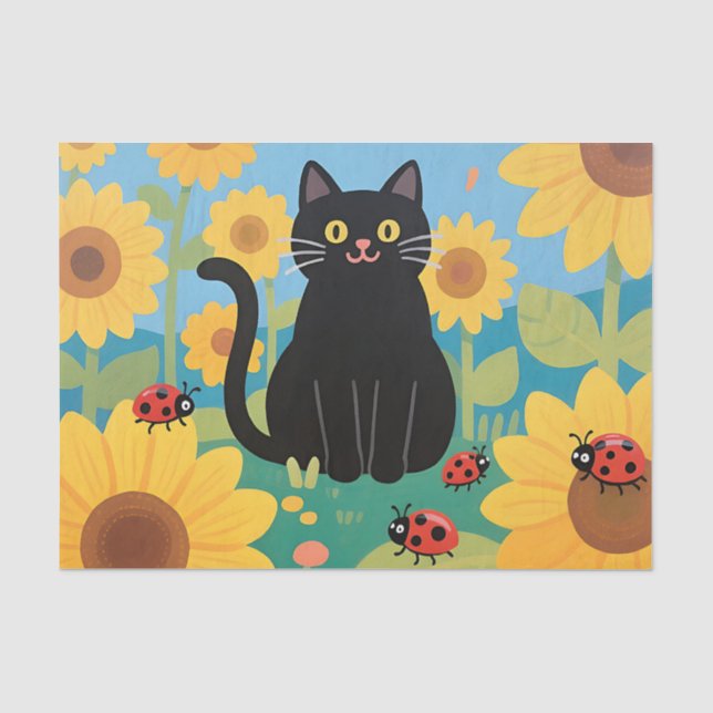 Black Cat Sunflowers Ladybugs Tissue Paper (Front)
