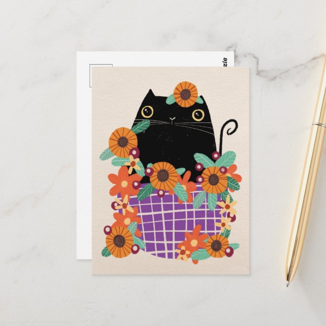 Black cat & sunflowers postcard (Front/Back In Situ)