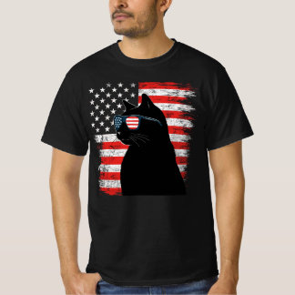 Black Cat Sunglasses American Flag 4th Of July T-Shirt