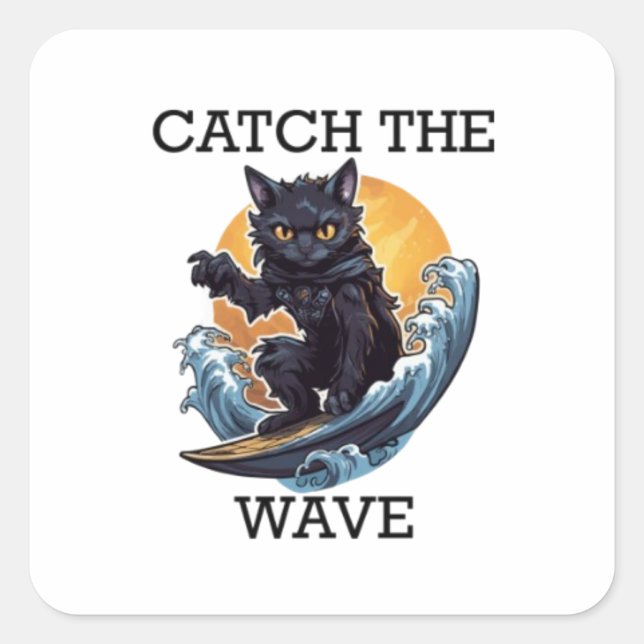 Black Cat Surfing Catch The Wave Square Sticker (Front)
