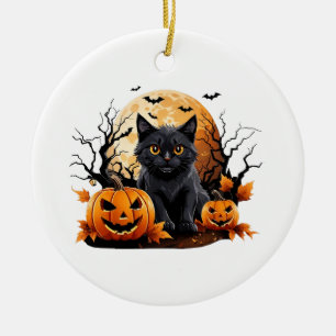 Black cat surrounded by pumpkins ceramic ornament