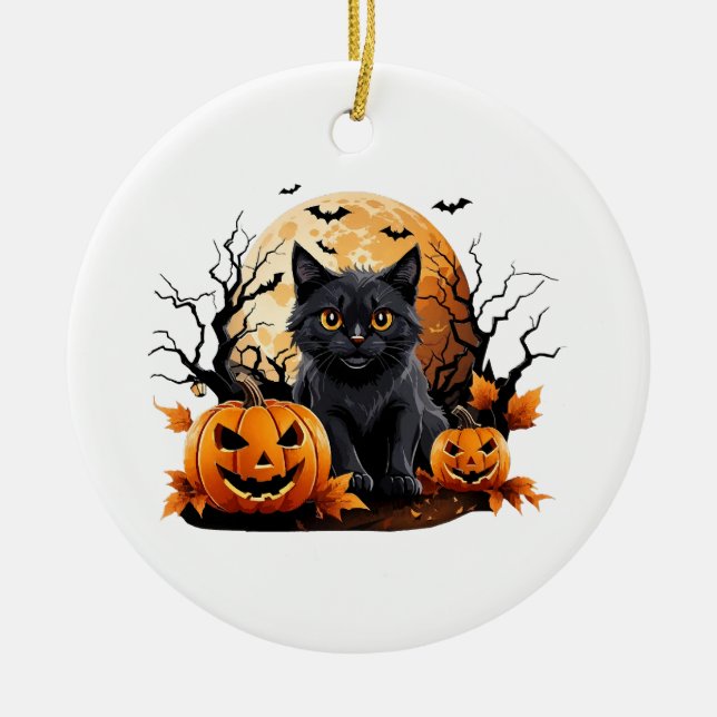 Black cat surrounded by pumpkins ceramic ornament (Front)