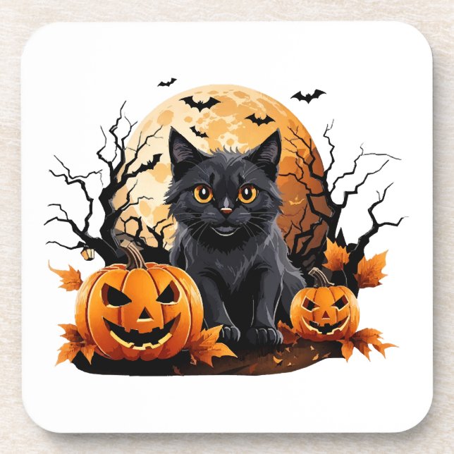 Black cat surrounded by pumpkins coaster (Front)